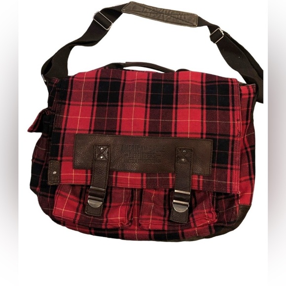 American Eagle Outfitters Laptop Messenger Bag Red Buffalo Plaid Leather Canvas - Picture 1 of 8